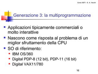 Corso SETI - E. A. Vecchi




        Generazione 3: la multiprogrammazione

   Applicazioni tipicamente commerciali o
    molto interattive
   Nascono come risposta al problema di un
    miglior sfruttamento della CPU
   SO di riferimento:
       IBM OS/360
       Digital PDP-8 (12 bit), PDP-11 (16 bit)
       Digital VAX11/780
                                                  16
 