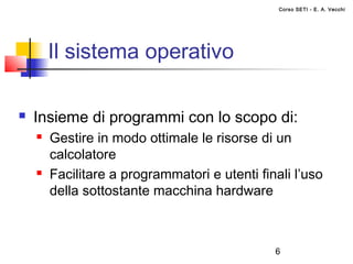 Corso SETI - E. A. Vecchi




        Il sistema operativo

   Insieme di programmi con lo scopo di:
       Gestire in modo ottimale le risorse di un
        calcolatore
       Facilitare a programmatori e utenti finali l’uso
        della sottostante macchina hardware



                                               6
 