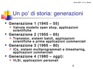 Corso SETI - E. A. Vecchi




        Un po’ di storia: generazioni
   Generazione 1 (1945 – 55)
       Valvole modello open shop, applicazioni
        scientifiche
   Generazione 2 (1955 – 65)
       Transistor, sistemi batch, applicazioni
        scientifiche e prime applicazioni commerciali
   Generazione 3 (1965 – 80)
       ICs, sistemi multiprogrammati e timesharing,
        applicazioni commerciali
   Generazione 4 (1980 – oggi):
       VLSI, applicazioni personali
                                            8
 