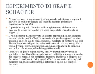 ESPERIMENTO DI GRAF E
SCHACTER
 Ai soggetti venivano mostrati il primo membro di ciascuna coppia di
parole e le prime tre lettere del secondo membro (chiamate
frammento dio parola).
 Il problema è quello di capire se il completamento del frammento
produca la stessa parola che era stata presentata inizialmente ai
soggetti.
 Graf e Schacter hanno trovato un effetto di priming sia nei soggetti
normali che in quelli affetti da amnesia, sia per le coppie di parole
associate che per quelle non associate. I risultati, al contrario del test
di completamento di parola, nel caso del test di rievocazione guidata
erano diversi , poiché il rendimento dei pazienti affetti da amnesia
era molto inferiore a quello dei soggetti normali.
 I risultati di questo esperimento, inoltre, mettono in evidenza la
somiglianza tra il rendimento dei soggetti affetti da amnesia e quello
dei soggetti normali nei compiti di memoria implicita, a dispetto del
fatto che il rendimento dei soggetti affetti da amnesia nei compiti di
memoria esplicita sia largamente inferiore a quello dei soggetti
normali.
 