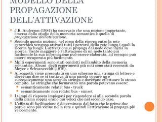 MODELLO DELLA
PROPAGAZIONE
DELL’ATTIVAZIONE
 J.R. Anderson (1984) ha osservato che una nozione importante,
emersa dallo studio della memoria semantica è quella di
propagazione dell’attivazione.
 Secondo questa nozione, nel corso della ricerca entro la rete
gerarchica vengono attivati tutti i percorsi della rete lungo i quali la
ricerca ha luogo. L’attivazione si propaga dal nodo dove inizia la
ricerca. Tanto maggiore è l’attivazione di un nodo tanto più
facilmente la sua informazione può essere elaborata, ad esempio può
essere recuperata più facilmente.
 Mplti esperimenti sono stati condotti nell’ambito della memoria
semantica. Alcuni degli esperimenti più noti sono stati recensiti da
Meyer e Schvaneveldt (1976).
 Ai soggetti viene presentata su uno schermo una stringa di lettere e
dovevano dire se si trattava di una parola oppure no e
successivamente una seconda stringa e dovevano effettuare lo stesso
compito. Le stringhe che formavano una parola potevano essere:
 semanticamente relate: bus - truck
 semanticamente non relate: bus - sunset
 I tempi di risposta impiegati per rispondere sì alla seconda parola
della prima coppia erano più veloci che nel secondo caso.
 L’effetto di facilitazione è determinato dal fatto che le prime due
parole sono più vicine nella rete e quindi l’attivazione si propaga più
velocemente.
 