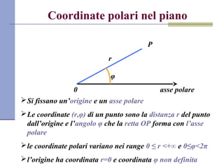 Coordinate polari nel piano
0 asse polare
Si fissano un’origine e un asse polare
Le coordinate (r,φ) di un punto sono la distanza r del punto
dall’origine e l’angolo φ che la retta OP forma con l’asse
polare
le coordinate polari variano nei range 0 ≤ r <+∞ e 0≤φ<2π
l’origine ha coordinata r=0 e coordinata φ non definita
P
r
φ
 
