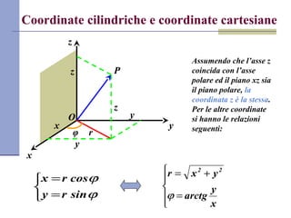 Coordinate cilindriche e coordinate cartesiane
O
x
y
z
Assumendo che l’asse z
coincida con l’asse
polare ed il piano xz sia
il piano polare, la
coordinata z è la stessa.
Per le altre coordinate
si hanno le relazioni
seguenti:
rφ
z
y
x
z P
y



=
=
ϕ
ϕ
sinry
cosrx





=
+=
x
y
arctg
yxr 22
ϕ
 
