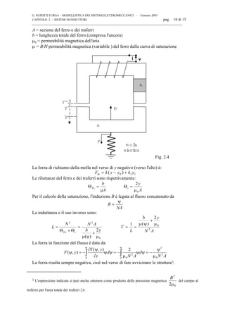 G. SUPERTI FURGA – MODELLISTICA DEI SISTEMI ELETTROMECCANICI – Gennaio 2003
CAPITOLO 2 - SISTEMI DI INDUTTORI pag. 10 di 15

A = sezione del ferro e dei traferri
b = lunghezza totale del ferro (compresa l'ancora)
µ0 = permeabilità magnetica dell'aria
µ = B/H permeabilità magnetica (variabile ) del ferro dalla curva di saturazione
A
y
y=0
y0
m
m olla
elastica
vi
F
Fm
Fig. 2.4
La forza di richiamo della molla nel verso di y negativo (verso l'alto) è:
F k y y k ym = − +( )0 1 1
Le riluttanze del ferro e dei traferri sono rispettivamente:
A
y
A
b
tFe
0
2
µ
=Θ
µ
=Θ
Per il calcolo della saturazione, l'induzione B è legata al flusso concatenato da
B
NA
=
ψ
La induttanza e il suo inverso sono:
2
)( 0
22
µ
+
ψµ
=
Θ+Θ
=
yb
ANN
L
tFe
Γ = =
+
1
2
0
2
L
b y
N A
µ ψ µ( )
La forza in funzione del flusso è data da:
AN
d
AN
d
y
y
yF 2
0
2
0
2
00
2),(
),(
µ
ψ
−=ψψ
µ
−=ψψ
∂
ψΓ∂
−=ψ ∫∫
ψψ
La forza risulta sempre negativa, cioè nel verso di fare avvicinare le strutture3.
3 L'espressione indicata si può anche ottenere come prodotto della pressione magnetica
B2
02µ
del campo al
traferro per l'area totale dei traferri 2A.
 