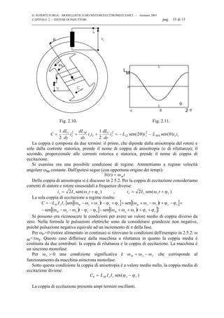 G. SUPERTI FURGA – MODELLISTICA DEI SISTEMI ELETTROMECCANICI – Gennaio 2003
CAPITOLO 2 - SISTEMI DI INDUTTORI pag. 15 di 15

i
v
v
i
r
r
s
s
C m
ωm
C
θ
0
0
2π π
L
M
θ
Fig. 2.10. Fig. 2.11.
C
dL
dy
i
dL
dy
i i
dL
dy
i L i L i is
s
M
s r
r
r s s M s r= + + = − −
1
2
1
2
22 2
2
2
0sen( ) sen( )θ θ
La coppia è composta da due termini: il primo, che dipende dalla anisotropia del rotore e
solo dalla corrente statorica, prende il nome di coppia di anisotropia (o di riluttanza); il
secondo, proporzionale alle correnti rotorica e statorica, prende il nome di coppia di
eccitazione.
Si esamina ora una possibile condizione di regime. Ammettiamo a regime velocità
angolare ωm costante. Dall'ipotesi segue (con opportuna origine dei tempi):
ϑ ω( )t tm=
Della coppia di anisotropia si è discusso in 2.5.2. Per la coppia di eccitazione consideriamo
correnti di statore e rotore sinusoidali a frequenze diverse:
i I ts s s s= +2 sen( )ω ϕ , i I tr r r r= +2 sen( )ω ϕ
La sola coppia di eccitazione a regime risulta:
( )[ ] ( )[ ]{
( )[ ] ( )[ ]}rsrsmrsrsm
rsrsmrsrsmrsM
tt
ttIILC
ϕ+ϕ+ω+ω+ω−ϕ−ϕ−ω−ω−ω−
+ϕ−ϕ+ω−ω+ω+ϕ+ϕ−ω+ω−ω−=
sensen
sensen
Si possono ora riconoscere le condizioni per avere un valore medio di coppia diverso da
zero. Nella formula le pulsazioni elettriche sono da considerarsi grandezze non negative,
poiché pulsazione negativa equivale ad un incremento di π della fase.
Per ωr=0 (rotore alimentato in continua) si ritrovano le condizioni dell'esempio in 2.5.2: ω
m=±ωs. Questo caso differisce dalla macchina a riluttanza in quanto la coppia media è
costituita da due contributi: la coppia di riluttanza e la coppia di eccitazione. La macchina è
un sincrono monofase.
Per ωr > 0 una condizione significativa è ω ω ωm s r= − che corrisponde al
funzionamento da macchina asincrona monofase.
Sotto questa condizione la coppia di anisotropia è a valore medio nullo, la coppia media di
eccitazione diviene:
C L I IM s r s r0 = −sen( )ϕ ϕ
La coppia di eccitazione presenta ampi termini oscillanti.
 