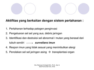 Aktifitas yang berkaitan dengan sistem pertahanan :

1. Pertahanan terhadap patogen penginvasi
2. Pengeluaran sel sel yang aus, debris jaringan
3. Identifikasi dan destruksi sel abnormal / mutan yang berasal dari
   tubuh sendiri         surveilans imun
4. Respon imun yang tidak sesuai yang menimbulkan alergi
5. Penolakan sel sel jaringan asing  transplantasi organ



                         Dra. Retnosari Andrajati M.S., Ph.D., Apt. &
                                Santi Purna Sari S.Si., M.Si
 