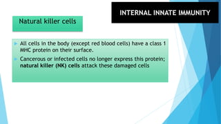 Natural killer cells
 All cells in the body (except red blood cells) have a class 1
MHC protein on their surface.
 Cancerous or infected cells no longer express this protein;
natural killer (NK) cells attack these damaged cells
INTERNAL INNATE IMMUNITY
 