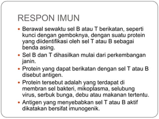 RESPON IMUN
 Berawal sewaktu sel B atau T berikatan, seperti
    kunci dengan gemboknya, dengan suatu protein
    yang diidentifikasi oleh sel T atau B sebagai
    benda asing.
   Sel B dan T dihasilkan mulai dari perkembangan
    janin.
   Protein yang dapat berikatan dengan sel T atau B
    disebut antigen.
   Protein tersebut adalah yang terdapat di
    membran sel bakteri, mikoplasma, selubung
    virus, serbuk bunga, debu atau makanan tertentu.
   Antigen yang menyebabkan sel T atau B aktif
    dikatakan bersifat imunogenik.
 