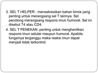 3. SEL T HELPER : mensekresikan bahan kimia yang
  penting untuk merangsang sel T lainnya. Sel
  penolong merangsang respons imun humoral. Sel ini
  disebut T4 atau CD4.
4. SEL T PENEKAN: penting untuk menghentikan
  respons imun selular maupun humoral. Apabila
  fungsinya terganggu maka reaksi imun dapat
  menjadi tidak terkontrol.
 