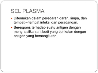 SEL PLASMA
 Ditemukan dalam peredaran darah, limpa, dan
  tempat – tempat infeksi dan peradangan.
 Berespons terhadap suatu antigen dengan
  menghasilkan antibodi yang berikatan dengan
  antigen yang bersangkutan.
 