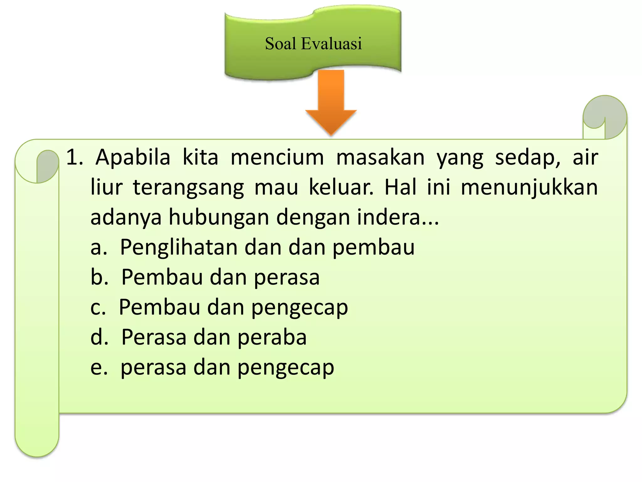 Soal Evaluasi
1. Apabila kita mencium masakan yang sedap, air
liur terangsang mau keluar. Hal ini menunjukkan
adanya hubungan dengan indera...
a. Penglihatan dan dan pembau
b. Pembau dan perasa
c. Pembau dan pengecap
d. Perasa dan peraba
e. perasa dan pengecap
 