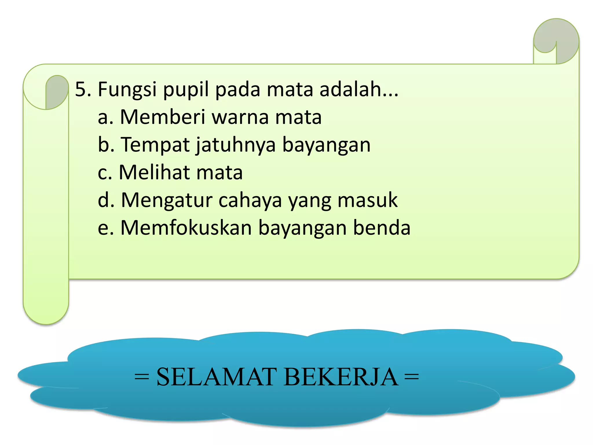 5. Fungsi pupil pada mata adalah...
a. Memberi warna mata
b. Tempat jatuhnya bayangan
c. Melihat mata
d. Mengatur cahaya yang masuk
e. Memfokuskan bayangan benda
= SELAMAT BEKERJA =
 