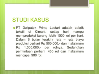 STUDI KASUS
 PT Dwipatex Prima Lestari adalah pabrik
tekstil di Cimahi, setiap hari mampu
memproduksi kurang lebih 1000 rol per hari.
Dalam 6 bulan terakhir rata – rata biaya
produksi perhari Rp 500.000,- dan maksimum
Rp 1.000.000,- per rolnya. Sedangkan
permintaan perhari 450 rol dan maksimum
mencapai 900 rol.
 