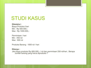 STUDI KASUS
Diketahui :
Biaya Produksi /hari
Min : Rp 500.000,-
Max : Rp 1000.000,-
Permintaan / hari
Min : 450 rol
Max : 900 rol
Produksi Barang : 1000 rol / hari
Ditanya :
Jika biaya produksi Rp 900.000,- / rol dan permintaan 250 rol/hari , Berapa
Jumlah barang yang harus diproduksi ?
 
