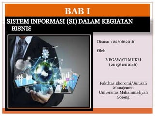 BAB I
Disusn : 22/06/2016
Oleh
MEGAWATI MUKRI
(201561201046)
Fakultas Ekonomi/Jurusan
Manajemen
Universitas Muhammadiyah
Sorong
 