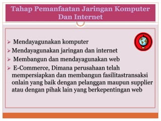  Mendayagunakan komputer
Mendayagunakan jaringan dan internet
 Membangun dan mendayagunakan web
 E-Commerce, Dimana perusahaan telah
mempersiapkan dan membangun fasilitastransaksi
onlain yang baik dengan pelanggan maupun supplier
atau dengan pihak lain yang berkepentingan web
 
