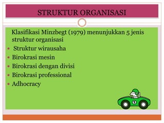 STRUKTUR ORGANISASI
Klasifikasi Minzbegt (1979) menunjukkan 5 jenis
struktur organisasi
 Struktur wirausaha
 Birokrasi mesin
 Birokrasi dengan divisi
 Birokrasi professional
 Adhocracy
 