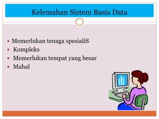 Kelemahan Sistem Basis Data
 Memerlukan tenaga spesialiS
 Kompleks
 Memerlukan tempat yang besar
 Mahal
 