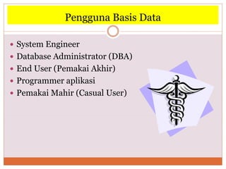 Pengguna Basis Data
 System Engineer
 Database Administrator (DBA)
 End User (Pemakai Akhir)
 Programmer aplikasi
 Pemakai Mahir (Casual User)
 