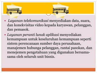  Layanan telekomunikasi menyediakan data, suara,
dan konekvisitas video kepada karyawan, pelanggan,
dan pemasok.
 Layanan peranti lunak aplikasi menyediakan
kemampuan untuk keseluruhan kemampuan seperti
sistem perencanaan sumber daya perusahaan,
manajemen hubunga pelanggan, rantai pasokan, dan
menejemen pengetahuan yang digunakan bersama-
sama oleh seluruh unit bisnis.
 
