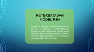 KETERBATASAN
MODEL REA
Sistem ini berbasis transaksi (transaction
based), sehingga memungkinkan
pengguna untuk menangkap banyak sekali
informasi yang berkaitan dengan peristiwa
ekonomi, seperti penjualan ke pelanggan
dan pembelian dari pemasok.
 