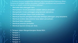 2. Peristiwa informasi menghasilkan informasi yang memungkinkan keputusan dibuat. ,
Peristiwa ini meliputi tindakan pencatatan, perbaikan, pembaruan atau pemeliharaan.
Berikut ini adalah contoh dari peristiwa informasi :
• Mencatat data pelanggan baru.
• Memperbarui record persediaan setalah adanya penjualan.
• Memperbaiki rincian pelanggan yang berubah alamatnya.
• Membuat perkiraan biaya untuk produk baru.
• Membuat laporan peringkat kredit atas berbagai pelanggan yang berpotensi.
• Membuat analisis data pelamar kerja dalam perusahaan.
• Membuat faktur penjualan.
• Membuat pesanan pembelian
• Membuat laporan kinerja per divisi.
3. Tahapan dalam Mengembangkan Model REA :
• Tahapan 1
• Tahapan 2
• Tahapan 3
• Tahapan 4
• Tahapan 5
 
