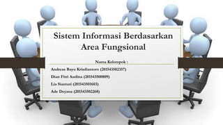Sistem Informasi Berdasarkan
Area Fungsional
Nama Kelompok :
Andreas Bayu Krisdiantoro (201543502357)
Dian Fitri Audina (201543500809)
Lia Sianturi (201543501603)
Ade Deyana (201543502268)
 