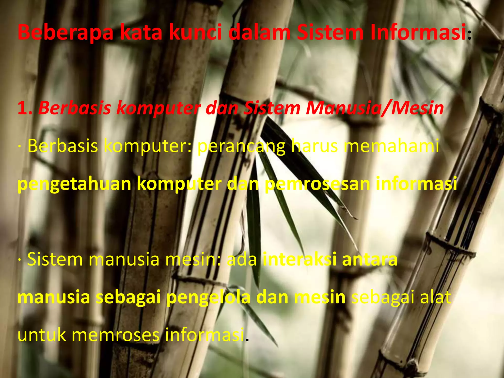 Beberapa kata kunci dalam Sistem Informasi:
1. Berbasis komputer dan Sistem Manusia/Mesin
· Berbasis komputer: perancang harus memahami
pengetahuan komputer dan pemrosesan informasi
· Sistem manusia mesin: ada interaksi antara
manusia sebagai pengelola dan mesin sebagai alat
untuk memroses informasi.
 