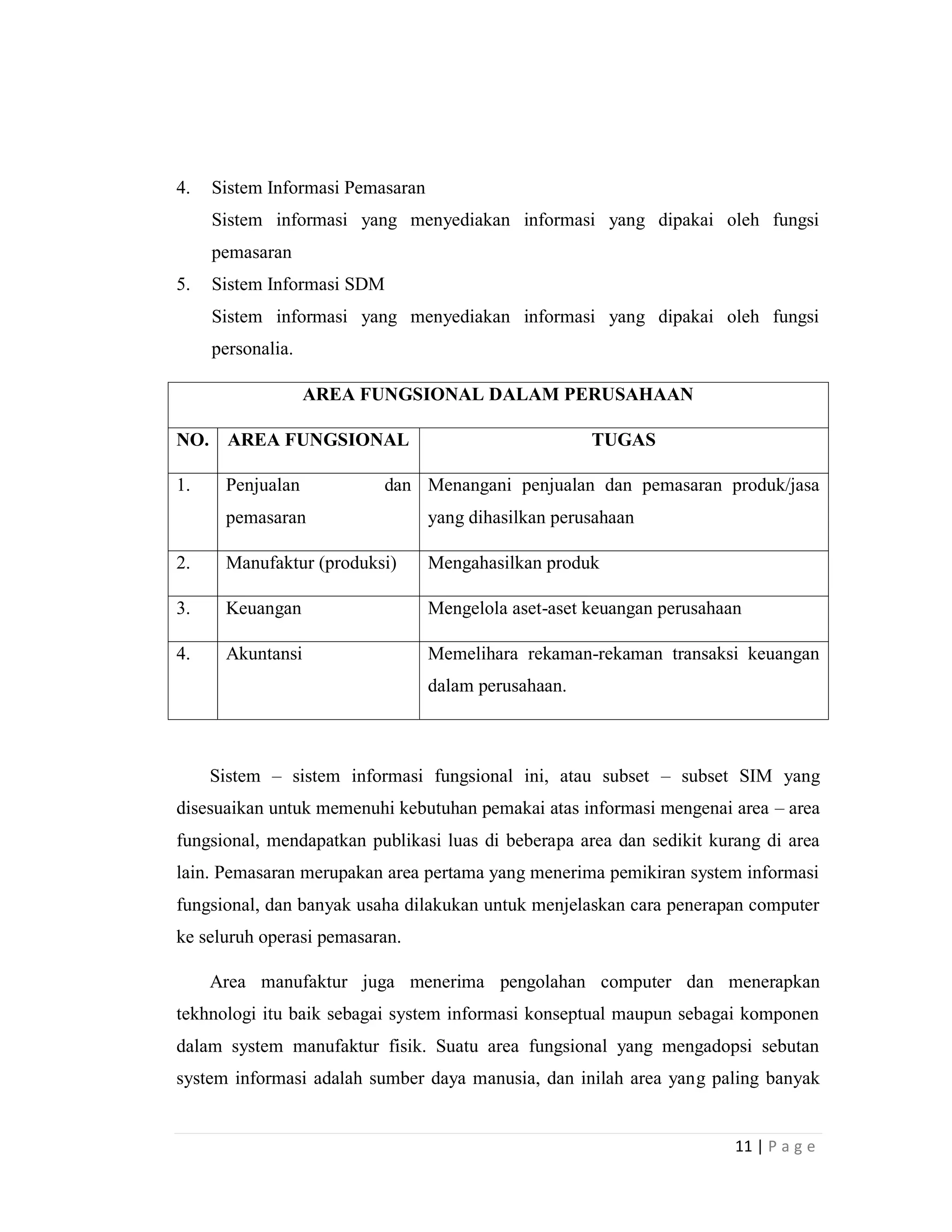 11 | P a g e
4. Sistem Informasi Pemasaran
Sistem informasi yang menyediakan informasi yang dipakai oleh fungsi
pemasaran
5. Sistem Informasi SDM
Sistem informasi yang menyediakan informasi yang dipakai oleh fungsi
personalia.
AREA FUNGSIONAL DALAM PERUSAHAAN
NO. AREA FUNGSIONAL TUGAS
1. Penjualan dan
pemasaran
Menangani penjualan dan pemasaran produk/jasa
yang dihasilkan perusahaan
2. Manufaktur (produksi) Mengahasilkan produk
3. Keuangan Mengelola aset-aset keuangan perusahaan
4. Akuntansi Memelihara rekaman-rekaman transaksi keuangan
dalam perusahaan.
Sistem – sistem informasi fungsional ini, atau subset – subset SIM yang
disesuaikan untuk memenuhi kebutuhan pemakai atas informasi mengenai area – area
fungsional, mendapatkan publikasi luas di beberapa area dan sedikit kurang di area
lain. Pemasaran merupakan area pertama yang menerima pemikiran system informasi
fungsional, dan banyak usaha dilakukan untuk menjelaskan cara penerapan computer
ke seluruh operasi pemasaran.
Area manufaktur juga menerima pengolahan computer dan menerapkan
tekhnologi itu baik sebagai system informasi konseptual maupun sebagai komponen
dalam system manufaktur fisik. Suatu area fungsional yang mengadopsi sebutan
system informasi adalah sumber daya manusia, dan inilah area yang paling banyak
 