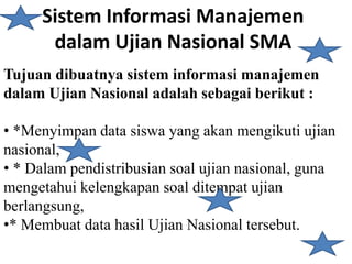 Sistem Informasi Manajemen 
dalam Ujian Nasional SMA 
Tujuan dibuatnya sistem informasi manajemen 
dalam Ujian Nasional adalah sebagai berikut : 
• *Menyimpan data siswa yang akan mengikuti ujian 
nasional, 
• * Dalam pendistribusian soal ujian nasional, guna 
mengetahui kelengkapan soal ditempat ujian 
berlangsung, 
•* Membuat data hasil Ujian Nasional tersebut. 
 