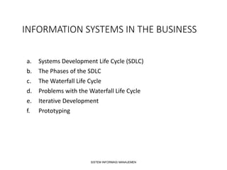 INFORMATION SYSTEMS IN THE BUSINESS
a. Systems Development Life Cycle (SDLC)
b. The Phases of the SDLC
c. The Waterfall Life Cycle
d. Problems with the Waterfall Life Cycle
e. Iterative Development
f. Prototyping
SISTEM INFORMASI MANAJEMEN
 