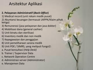 Arsitektur Aplikasi 
2. Pelayanan Administratif (Back-Office) 
1) Medical record (unit rekam medik pusat) 
2) Akuntansi keuangan (termasuk UKPPK/Klaim pihak ketiga) 
3) Remunerasi (jasa pelayanan dan jasa dokter) 
4) Mobilisasi dana (general cashier) 
5) Unit binatu dan sterilisasi 
6) Inventory medik dan non medik 
7) Kepegawaian dan penggajian 
8) Unit pemeliharaan sarana medik 
9) Unit PDE / SIMRS, yang meliputi fungsi2: 
a. Pusat konsultasi (Help Desk) 
b. Trainer / Supervisor Data 
c. Network Operation Centre 
d. Administrasi server (Administrator) 
e. Manajemen Data 
 