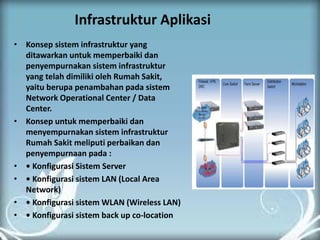 Infrastruktur Aplikasi 
•Konsep sistem infrastruktur yang ditawarkan untuk memperbaiki dan penyempurnakan sistem infrastruktur yang telah dimiliki oleh Rumah Sakit, yaitu berupa penambahan pada sistem Network Operational Center / Data Center. 
•Konsep untuk memperbaiki dan menyempurnakan sistem infrastruktur Rumah Sakit meliputi perbaikan dan penyempurnaan pada : 
•• Konfigurasi Sistem Server 
•• Konfigurasi sistem LAN (Local Area Network) 
•• Konfigurasi sistem WLAN (Wireless LAN) 
•• Konfigurasi sistem back up co-location 
 