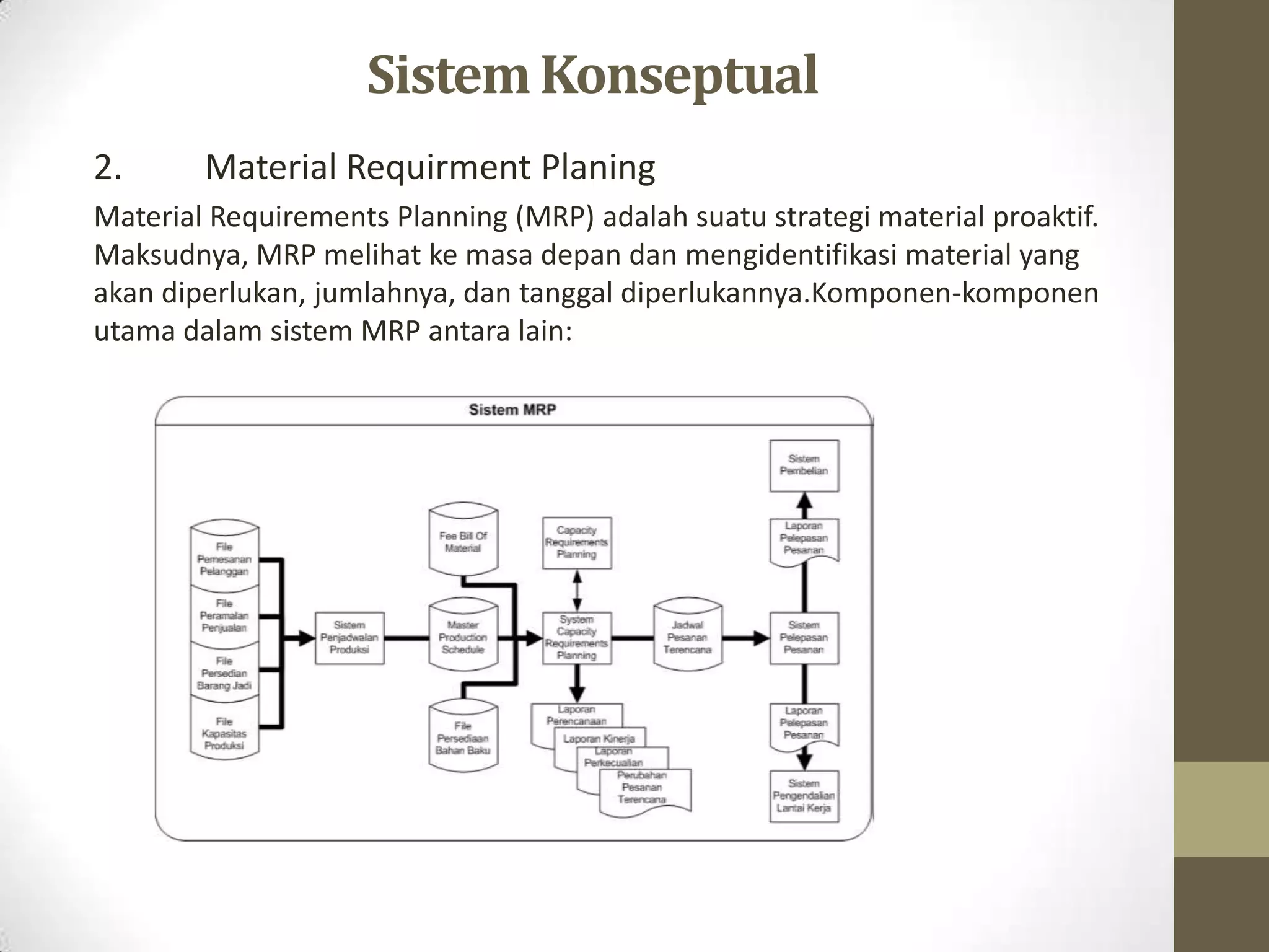 Sistem Konseptual
2.      Material Requirment Planing
Material Requirements Planning (MRP) adalah suatu strategi material proaktif.
Maksudnya, MRP melihat ke masa depan dan mengidentifikasi material yang
akan diperlukan, jumlahnya, dan tanggal diperlukannya.Komponen-komponen
utama dalam sistem MRP antara lain:
 