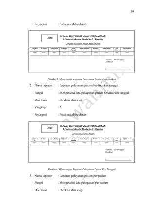 39
RUMAH SAKIT UMUM VINA ESTETICA MEDAN
Jl. Sulatan Iskandar Muda No.119 Medan
LAPORAN PELAYANAN PASIEN KESELURUHAN
RUMAH SAKIT UMUM VINA ESTETICA MEDAN
Jl. Sulatan Iskandar Muda No.119 Medan
LAPORAN PELAYANAN PASIEN
Frekuensi : Pada saat dibutuhkan
Gambar3.3 Rancangan Laporan Pelayanan Pasien Keseluruhan
2. Nama laporan : Laporan pelayanan pasien berdasarkan tanggal
Fungsi : Mengetahui data pelayanan pasien berdasarkan tanggal
Distribusi : Direktur dan arsip
Rangkap : 2
Frekuensi : Pada saat dibutuhkan
Gambar3.4Rancangan Laporan Pelayanan Pasien Per Tanggal
3. Nama laporan : Laporan pelayanan pasien per pasien
Fungsi : Mengetahui data pelayanan per pasien
Distribusi : Direktur dan arsip
Tgl Check
in
ID Pasien Nama Pasien ID Kamar Nama
Ruangan
Status Diagnosa ID Dokter Nama Dokter Total
Biaya
Tgl Check out
xxxxx xxxxx xxxxx xxxxx xxxxx xxxxx xxxxx xxxxx xxxxx xxxxx
Tgl Check
in
ID Pasien Nama Pasien ID Kamar Nama
Ruangan
Status Diagnosa ID Dokter Nama Dokter Total
Biaya
Tgl Check out
xxxxx xxxxx xxxxx xxxxx xxxxx xxxxx xxxxx xxxxx xxxxx xxxxx
Logo
Medan, dd-mm-yyyy
Direktur
(……………………………..)
Logo
Medan, dd-mm-yyyy
Direktur
(……………………………..)
 