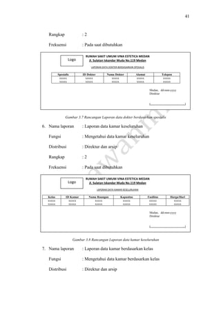 41
RUMAH SAKIT UMUM VINA ESTETICA MEDAN
Jl. Sulatan Iskandar Muda No.119 Medan
LAPORAN DATA DOKTER BERDASARKAN SPESIALIS
RUMAH SAKIT UMUM VINA ESTETICA MEDAN
Jl. Sulatan Iskandar Muda No.119 Medan
LAPORAN DATA KAMAR KESELURUHAN
Rangkap : 2
Frekuensi : Pada saat dibutuhkan
Gambar 3.7 Rancangan Laporan data dokter berdasarkan spesialis
6. Nama laporan : Laporan data kamar keseluruhan
Fungsi : Mengetahui data kamar keseluruhan
Distribusi : Direktur dan arsip
Rangkap : 2
Frekuensi : Pada saat dibutuhkan
Gambar 3.8 Rancangan Laporan data kamar keseluruhan
7. Nama laporan : Laporan data kamar berdasarkan kelas
Fungsi : Mengetahui data kamar berdasarkan kelas
Distribusi : Direktur dan arsip
Spesialis ID Dokter Nama Dokter Alamat Telepon
xxxxx
xxxxx
xxxxx
xxxxx
xxxxx
xxxxx
xxxxx
xxxxx
xxxxx
xxxxx
Kelas ID Kamar Nama Ruangan Kapasitas Fasilitas Harga/Hari
xxxxx
xxxxx
xxxxx
xxxxx
xxxxx
xxxxx
xxxxx
xxxxx
xxxxx
xxxxx
xxxxx
xxxxx
Logo
Medan, dd-mm-yyyy
Direktur
(……………………………..)
Logo
Medan, dd-mm-yyyy
Direktur
(……………………………..)
 