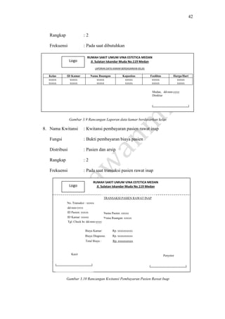42
RUMAH SAKIT UMUM VINA ESTETICA MEDAN
Jl. Sulatan Iskandar Muda No.119 Medan
LAPORAN DATA KAMAR BERDASARKAN KELAS
RUMAH SAKIT UMUM VINA ESTETICA MEDAN
Jl. Sulatan Iskandar Muda No.119 Medan
Penyetor
(……………………………..)
Rangkap : 2
Frekuensi : Pada saat dibutuhkan
Gambar 3.9 Rancangan Laporan data kamar berdasarkan kelas
8. Nama Kwitansi : Kwitansi pembayaran pasien rawat inap
Fungsi : Bukti pembayaran biaya pasien
Distribusi : Pasien dan arsip
Rangkap : 2
Frekuensi : Pada saat transaksi pasien rawat inap
Gambar 3.10 Rancangan Kwitansi Pembayaran Pasien Rawat Inap
Kelas ID Kamar Nama Ruangan Kapasitas Fasilitas Harga/Hari
xxxxx
xxxxx
xxxxx
xxxxx
xxxxx
xxxxx
xxxxx
xxxxx
xxxxx
xxxxx
xxxxx
xxxxx
Logo
Medan, dd-mm-yyyy
Direktur
(……………………………..)
Logo
Kasir
(……………………………..)
No. Transaksi : xxxxx
dd-mm-yyyy
ID Pasien: xxxxx Nama Pasien: xxxxx
ID Kamar: xxxxx Nama Ruangan: xxxxx
Tgl. Check In: dd-mm-yyyy
Biaya Kamar: Rp. xxxxxxxxxx
Biaya Diagnosa: Rp. xxxxxxxxxx
Total Biaya : Rp. xxxxxxxxxx
TRANSAKSI PASIEN RAWAT INAP
 