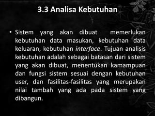 3.3 Analisa Kebutuhan

• Sistem yang akan dibuat           memerlukan
  kebutuhan data masukan, kebutuhan data
  keluaran, kebutuhan interface. Tujuan analisis
  kebutuhan adalah sebagai batasan dari sistem
  yang akan dibuat, menentukan kamampuan
  dan fungsi sistem sesuai dengan kebutuhan
  user, dan fasilitas-fasilitas yang merupakan
  nilai tambah yang ada pada sistem yang
  dibangun.
 