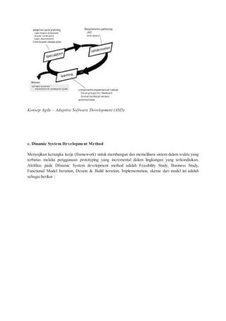 Konsep Agile – Adaptive Software Development (ASD)
c. Dinamic System Development Method
Menyajikan kerangka kerja (framework) untuk membangun dan memelihara sistem dalam waktu yang
terbatas melalui penggunaan prototyping yang incremental dalam lingkungan yang terkondisikan.
Aktifitas pada DInamic System development method adalah Feasibility Study, Business Study,
Functional Model Iteration, Desain & Build iteration, Implementation, skema dari model ini adalah
sebagai berikut :
 