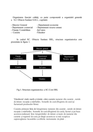 Organizarea funcției calități, ca parte componentă a organizării generale
a S.C Obiecte Sanitare S.R.L., cuprinde:
- Director General - Departament economic
- Departament comercial - Departament resurse umane
- Finanțe Contabilitate -Șef raion
- Casierie -Vânzător
In cadrul SC. Obiecte Sanitare SRL, structura organizatorica este
prezentata in figura 1.
Fig.1. Structura organizatorica a SC.Com SRL
Vânzătorul vinde marfa și trimite către casierie numerar din casierie , notele
de intrare recepție a mărfurilor, bonurile de casă (Registru de casă )și
facturează produselor firmei.
Casieria primește lista de înregistrarea numerar din casierie , notele de intrare
recepție a mărfurilor, bonurile de casă (Registrul de casă), facturi și pe baza
acestora realizează lista înregistrărilor de intrare și ieșire de numerar din
casierie și registrul de casă, pe lângă aceasta ea se mai ocupăcu
supravegherea încasărilor cu diferite instrumente de plată .
Director general
Finanțe
Contabilitate
Casierie
Departament
comercial
Șef raion
Vânzător
Departament
Resurse umane
 