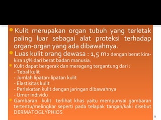 Kulit merupakan organ tubuh yang terletak
 paling luar sebagai alat proteksi terhadap
 organ-organ yang ada dibawahnya.
Luas kulit orang dewasa : 1,5 m2 dengan berat kira-
  kira 15% dari berat badan manusia.
 Kulit dapat bergerak dan meregang tergantung dari :
  - Tebal kulit
  - Jumlah lipatan-lipatan kulit
  - Elastisitas kulit
  - Perlekatan kulit dengan jaringan dibawahnya
  - Umur individu
 Gambaran kulit terlihat khas yaitu mempunyai gambaran
  tertentu/melingkar seperti pada telapak tangan/kaki disebut
  DERMATOGLYPHIOS
                                                                9
 