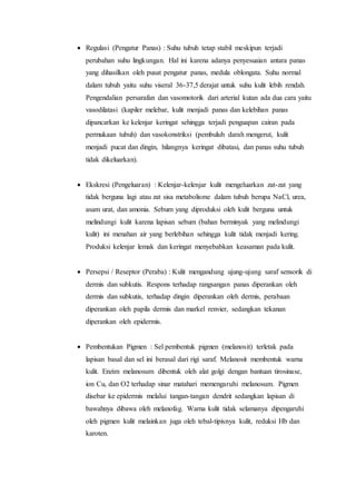  Regulasi (Pengatur Panas) : Suhu tubuh tetap stabil meskipun terjadi
perubahan suhu lingkungan. Hal ini karena adanya penyesuaian antara panas
yang dihasilkan oleh pusat pengatur panas, medula oblongata. Suhu normal
dalam tubuh yaitu suhu viseral 36-37,5 derajat untuk suhu kulit lebih rendah.
Pengendalian persarafan dan vasomotorik dari arterial kutan ada dua cara yaitu
vasodilatasi (kapiler melebar, kulit menjadi panas dan kelebihan panas
dipancarkan ke kelenjar keringat sehingga terjadi penguapan cairan pada
permukaan tubuh) dan vasokonstriksi (pembuluh darah mengerut, kulit
menjadi pucat dan dingin, hilangnya keringat dibatasi, dan panas suhu tubuh
tidak dikeluarkan).
 Ekskresi (Pengeluaran) : Kelenjar-kelenjar kulit mengeluarkan zat-zat yang
tidak berguna lagi atau zat sisa metabolisme dalam tubuh berupa NaCl, urea,
asam urat, dan amonia. Sebum yang diproduksi oleh kulit berguna untuk
melindungi kulit karena lapisan sebum (bahan berminyak yang melindungi
kulit) ini menahan air yang berlebihan sehingga kulit tidak menjadi kering.
Produksi kelenjar lemak dan keringat menyebabkan keasaman pada kulit.
 Persepsi / Reseptor (Peraba) : Kulit mengandung ujung-ujung saraf sensorik di
dermis dan subkutis. Respons terhadap rangsangan panas diperankan oleh
dermis dan subkutis, terhadap dingin diperankan oleh dermis, perabaan
diperankan oleh papila dermis dan markel renvier, sedangkan tekanan
diperankan oleh epidermis.
 Pembentukan Pigmen : Sel pembentuk pigmen (melanosit) terletak pada
lapisan basal dan sel ini berasal dari rigi saraf. Melanosit membentuk warna
kulit. Enzim melanosum dibentuk oleh alat golgi dengan bantuan tirosinase,
ion Cu, dan O2 terhadap sinar matahari memengaruhi melanosum. Pigmen
disebar ke epidermis melalui tangan-tangan dendrit sedangkan lapisan di
bawahnya dibawa oleh melanofag. Warna kulit tidak selamanya dipengaruhi
oleh pigmen kulit melainkan juga oleh tebal-tipisnya kulit, reduksi Hb dan
karoten.
 