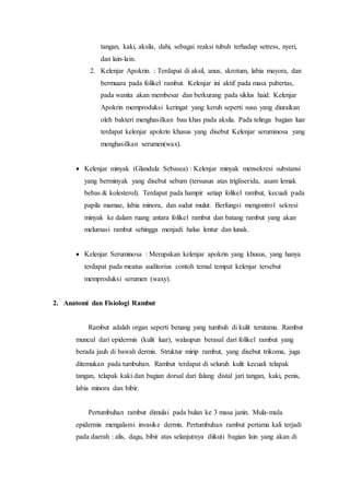 tangan, kaki, aksila, dahi, sebagai reaksi tubuh terhadap setress, nyeri,
dan lain-lain.
2. Kelenjar Apokrin. : Terdapat di aksil, anus, skrotum, labia mayora, dan
bermuara pada folikel rambut. Kelenjar ini aktif pada masa pubertas,
pada wanita akan membesar dan berkurang pada siklus haid. Kelenjar
Apokrin memproduksi keringat yang keruh seperti susu yang diuraikan
oleh bakteri menghasilkan bau khas pada aksila. Pada telinga bagian luar
terdapat kelenjar apokrin khusus yang disebut Kelenjar seruminosa yang
menghasilkan serumen(wax).
 Kelenjar minyak (Glandula Sebasea) : Kelenjar minyak mensekresi substansi
yang berminyak yang disebut sebum (tersusun atas trigliserida, asam lemak
bebas & kolesterol). Terdapat pada hampir setiap folikel rambut, kecuali pada
papila mamae, labia minora, dan sudut mulut. Berfungsi mengontrol sekresi
minyak ke dalam ruang antara folikel rambut dan batang rambut yang akan
melumasi rambut sehingga menjadi halus lentur dan lunak.
 Kelenjar Seruminosa : Merupakan kelenjar apokrin yang khusus, yang hanya
terdapat pada meatus auditorius contoh ternal tempat kelenjar tersebut
memproduksi serumen (waxy).
2. Anatomi dan Fisiologi Rambut
Rambut adalah organ seperti benang yang tumbuh di kulit terutama. Rambut
muncul dari epidermis (kulit luar), walaupun berasal dari folikel rambut yang
berada jauh di bawah dermis. Struktur mirip rambut, yang disebut trikoma, juga
ditemukan pada tumbuhan. Rambut terdapat di seluruh kulit kecuali telapak
tangan, telapak kaki dan bagian dorsal dari falang distal jari tangan, kaki, penis,
labia minora dan bibir.
Pertumbuhan rambut dimulai pada bulan ke 3 masa janin. Mula-mula
epidermis mengalami invasike dermis. Pertumbuhan rambut pertama kali terjadi
pada daerah : alis, dagu, bibir atas selanjutnya diikuti bagian lain yang akan di
 