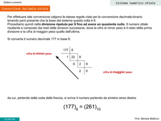 Per effettuare tale conversione valgono le stesse regole viste per la conversione decimale-binario
tenendo però presente che la base del sistema questa volta è 8.
Procediamo quindi nella divisione ripetuta per 8 fino ad avere un quoziente nullo. Il numero ottale
risultante e composto dai resti delle divisioni successive, dove la cifra di minor peso è il resto della prima
divisione e la cifra di maggior peso quello dell'ultima.
Si converta il numero decimale 177 in base 8:
Prof. Michele Maffucci
Sistemi numerici Sistema numerico ottale
CC-BY-SA
177 8
1 22 8
6 2 8
2 0
cifra di minor peso
cifra di maggior peso
da cui, partendo dalla coda della freccia, si scrive il numero partendo da sinistra verso destra:
(177)8
= (261)10
Conversione decimale-ottale
 