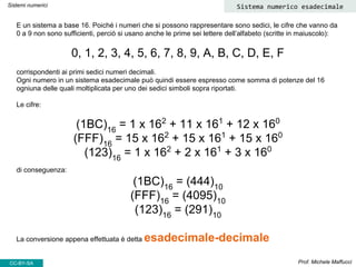 Prof. Michele Maffucci
Sistemi numerici Sistema numerico esadecimale
CC-BY-SA
E un sistema a base 16. Poiché i numeri che si possono rappresentare sono sedici, le cifre che vanno da
0 a 9 non sono sufficienti, perciò si usano anche le prime sei lettere dell’alfabeto (scritte in maiuscolo):
0, 1, 2, 3, 4, 5, 6, 7, 8, 9, A, B, C, D, E, F
corrispondenti ai primi sedici numeri decimali.
Ogni numero in un sistema esadecimale può quindi essere espresso come somma di potenze del 16
ogniuna delle quali moltiplicata per uno dei sedici simboli sopra riportati.
Le cifre:
(1BC)16
= 1 x 162
+ 11 x 161
+ 12 x 160
(FFF)16
= 15 x 162
+ 15 x 161
+ 15 x 160
(123)16
= 1 x 162
+ 2 x 161
+ 3 x 160
di conseguenza:
(1BC)16
= (444)10
(FFF)16
= (4095)10
(123)16
= (291)10
La conversione appena effettuata è detta esadecimale-decimale
 