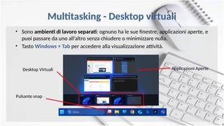Multitasking - Desktop virtuali
• Sono ambienti di lavoro separati: ognuno ha le sue finestre, applicazioni aperte, e
puoi passare da uno all’altro senza chiudere o minimizzare nulla.
• Tasto Windows + Tab per accedere alla visualizzazione attività.
Desktop Virtuali Applicazioni Aperte
Pulsante snap
 