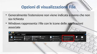 Opzioni di visualizzazione File
• Generalmente l’estensione non viene indicata a meno che non
sia richiesta
• Windows rappresenta i file con le icone delle applicazioni
associate
 