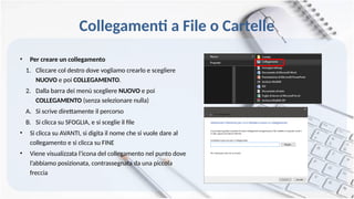 Collegamenti a File o Cartelle
• Per creare un collegamento
1. Cliccare col destro dove vogliamo crearlo e scegliere
NUOVO e poi COLLEGAMENTO.
2. Dalla barra dei menù scegliere NUOVO e poi
COLLEGAMENTO (senza selezionare nulla)
A. Si scrive direttamente il percorso
B. Si clicca su SFOGLIA, e si sceglie il file
• Si clicca su AVANTI, si digita il nome che si vuole dare al
collegamento e si clicca su FINE
• Viene visualizzata l’icona del collegamento nel punto dove
l’abbiamo posizionata, contrassegnata da una piccola
freccia
 