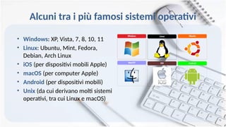 Alcuni tra i più famosi sistemi operativi
• Windows: XP, Vista, 7, 8, 10, 11
• Linux: Ubuntu, Mint, Fedora,
Debian, Arch Linux
• iOS (per dispositivi mobili Apple)
• macOS (per computer Apple)
• Android (per dispositivi mobili)
• Unix (da cui derivano molti sistemi
operativi, tra cui Linux e macOS)
 