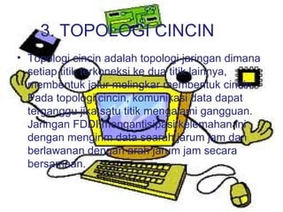 3. TOPOLOGI CINCIN Topologi cincin adalah topologi jaringan dimana setiap titik terkoneksi ke dua titik lainnya, membentuk jalur melingkar membentuk cincin. Pada topologi cincin, komunikasi data dapat terganggu jika satu titik mengalami gangguan. Jaringan FDDI mengantisipasi kelemahan ini dengan mengirim data searah jarum jam dan berlawanan dengan arah jarum jam secara bersamaan. 